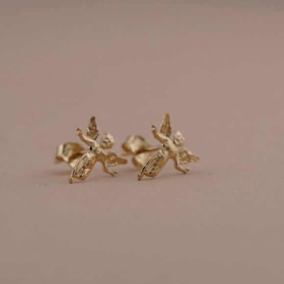 14k Yellow solid Gold Angel Stud Earrings (11 mm X 8 mm) | Gift for Mother | - Picture 6 of 10